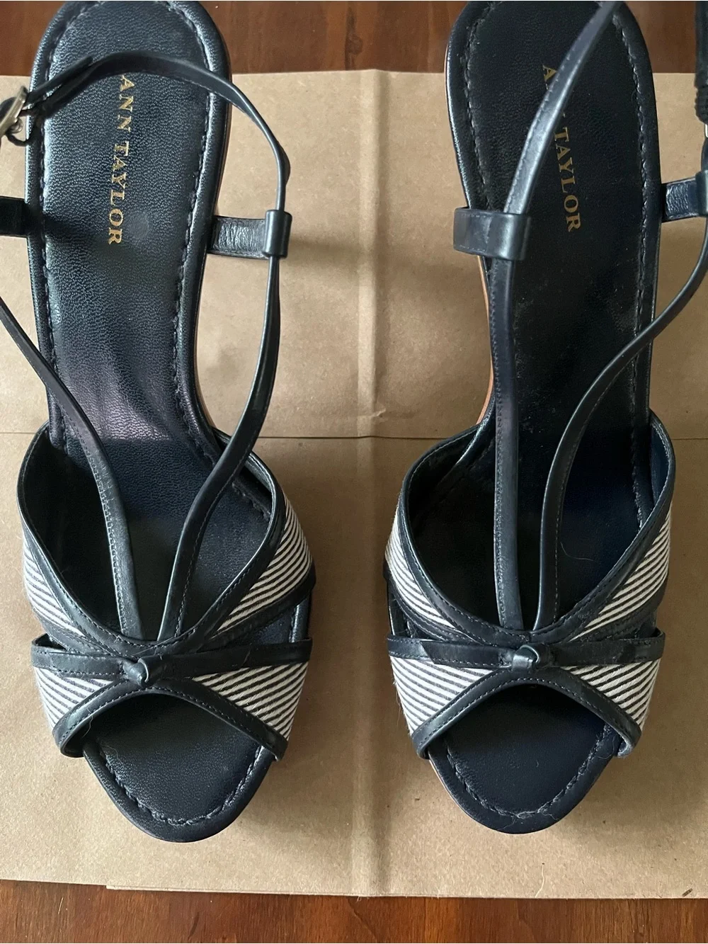 Ann Taylor Navy Strappy Heels with Navy-and-White Striped Toe